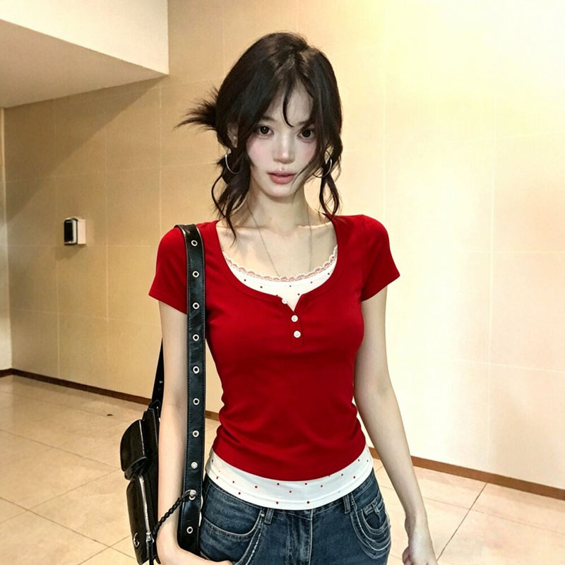 【210g 40-count fine cotton】Red faux two-piece lace-trimmed short-sleeve t-shirt for women, summer hot girl style slim-fit top 【210g 40-count fine cotton】Red faux two-piece lace-trimmed short-sleeve t-shirt for women, summer hot girl style slim-fit top