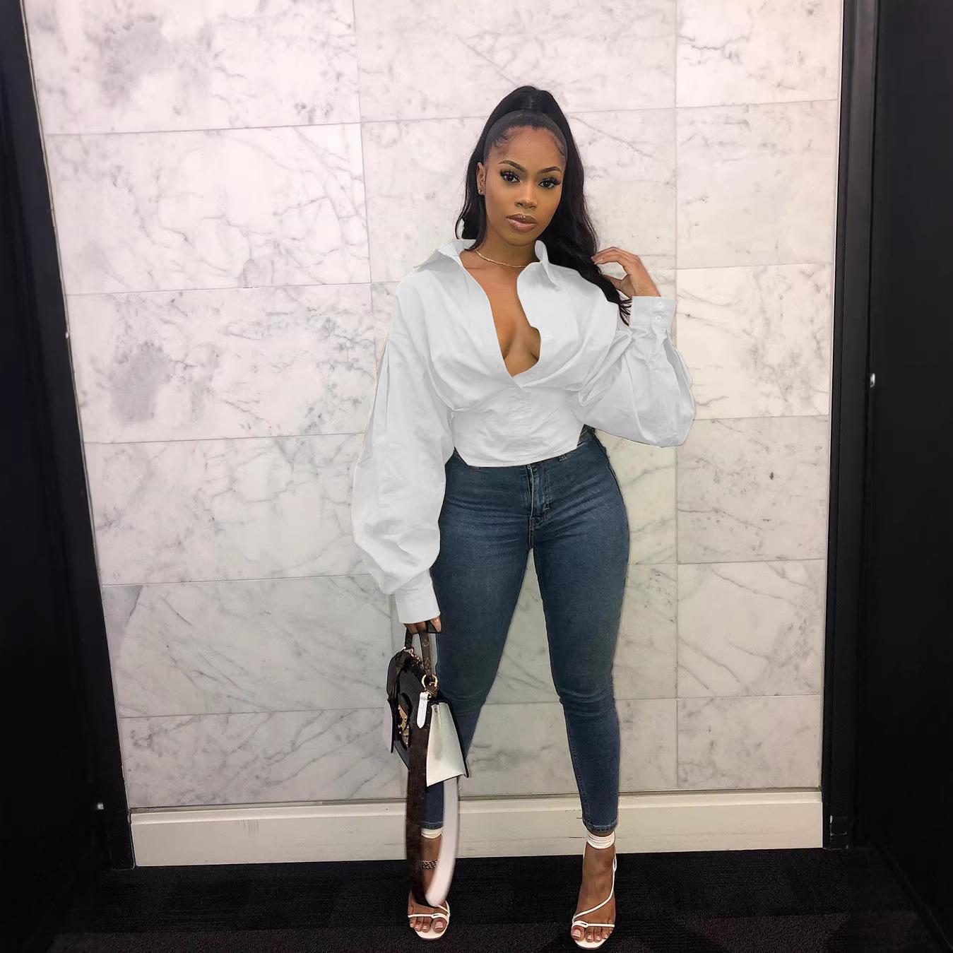 Women's Clothing Slim Fit Elegant Solid Color Lantern Sleeve Shirt Casual American Style Top For Spring/Autumn Summer_voghion.com