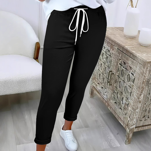 2025 Cross-border European and American Style New Waistband Slim-Fit Women's Solid-Color Elegant Casual Trousers