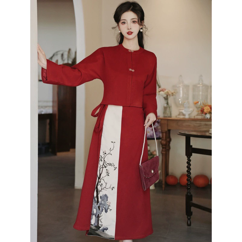 Новый китайский стиль Национальный стиль Юбка с конским лицом Верхний костюм Красный праздничный ежедневный Улучшенный ханьфу Женская осень 2023 Новинка