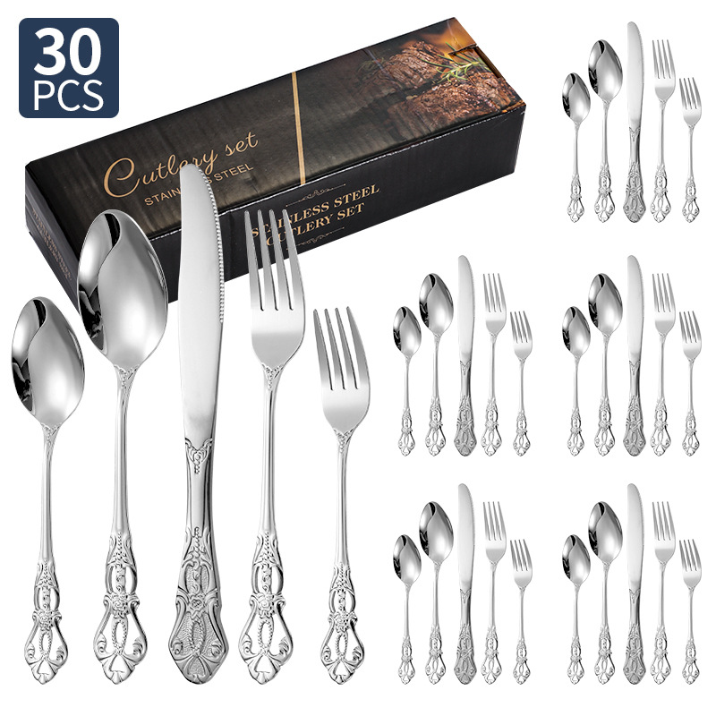 Amazon corte imperial cubiertos de acero inoxidable cuchillo y tenedor cucharas 20 / 24 / 30 piezas conjunto retro relieve cuchillo y tenedor de filete occidental