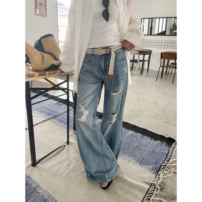 Icciicc Summer Low-Waist Slimming Non-Stretch Flared Pants Trendy Ripped Floor-Length Flared Jeans for Women 10976