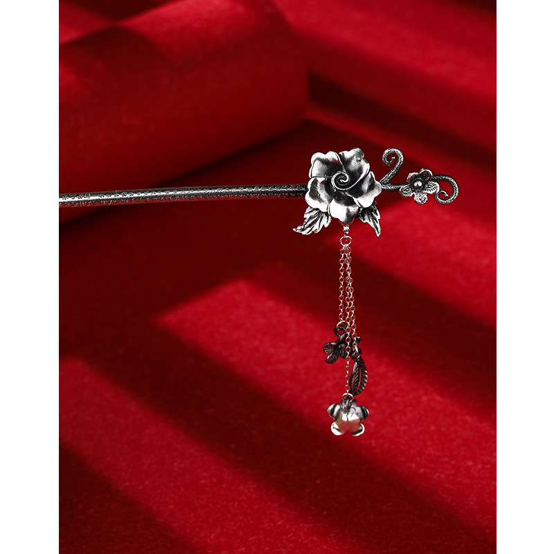 Plata de ley horquilla 999 plata pura estilo antiguo hanfu updo tocado horquilla flor borla accesorios para el cabello horquilla de plata para novia