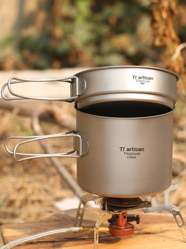 Titanium Craftsman Outdoor Titanium Pot Pure Titanium Soup Pot Camping Cookware Tableware Frying Pan Titanium Alloy Folding Pot Set