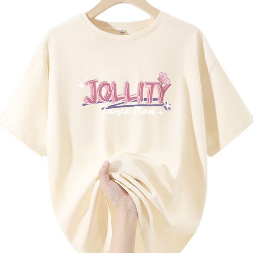 Women's Apricot Short Sleeve T-Shirt 200g Xinjiang Heavyweight Pure Cotton Printed Top Summer New Long-Sleeve Round Neck Half Sleeve