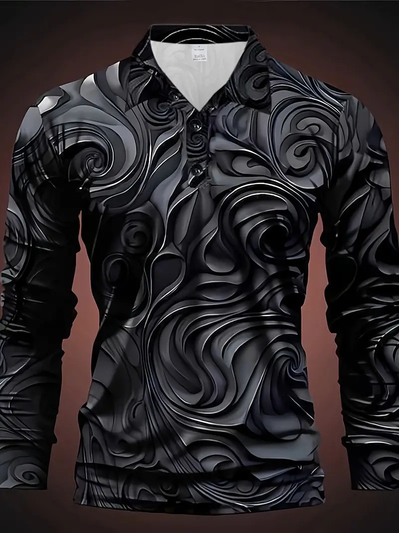 Camisa POLO transpirable con cuello con botones de manga larga suelta de negocios para hombres con estampado tridimensional tallado en metal de alta calle