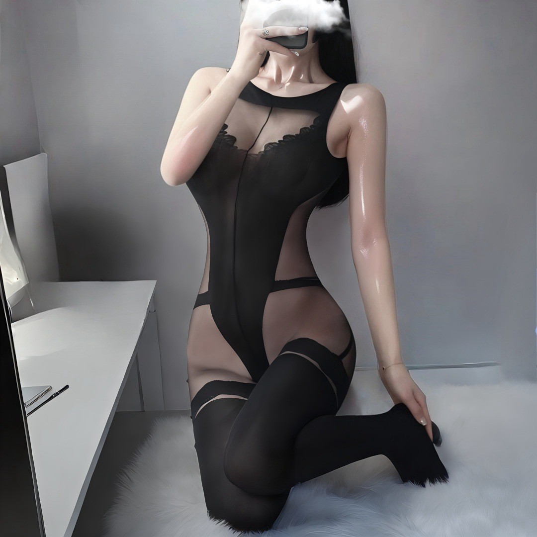 Sexy Lingerie Stockings, No Need to Take Off, Open-Crotch Bodysuit, Hand-Tearable, Provocative, Passionate, See-Through, Women's Sexy Sleepwear, Black Stockings