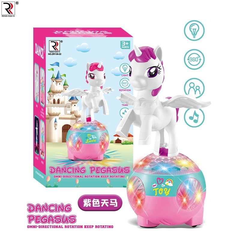Cartoon transfronterizo eléctrica universal danza iluminación escenario juguete unicornio se moverá girar juguetes de Navidad para niños