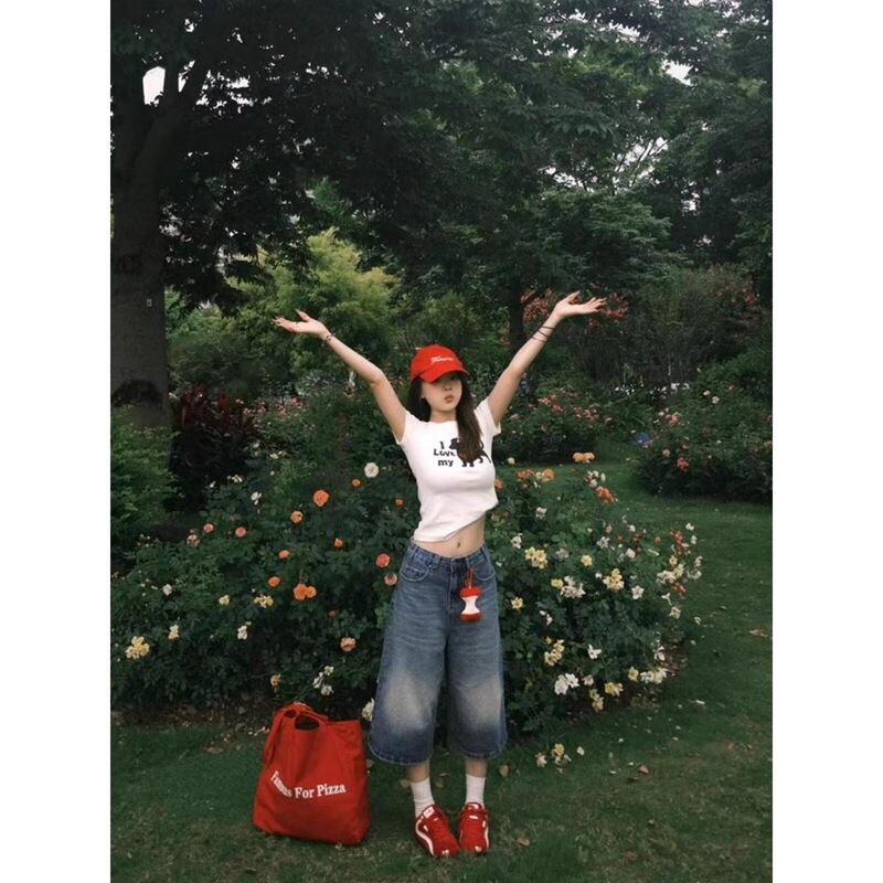 Brand New Loose Casual Denim Cropped Pants for Women, Summer Thin American Retro Style, Petite Wide-Leg Mid-Length Pants