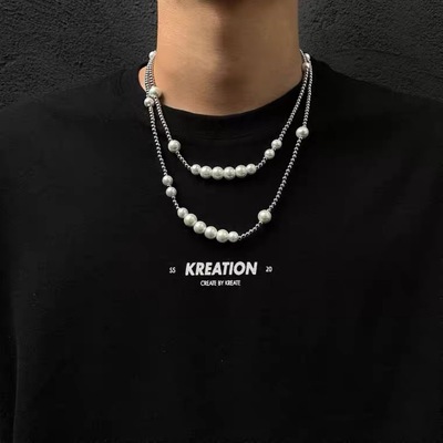 吴亦凡同款创意潮流反光珍珠拼接项链简约个性街头嘻哈钛钢锁骨链