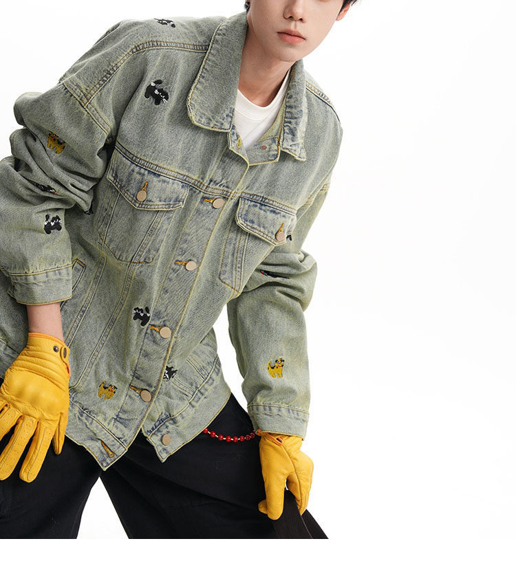 Giacca in denim con ricamo vintage a tema cartone animato - Cappotto oversize da streetwear per uomo e donna (S-2XL)_voghion.com
