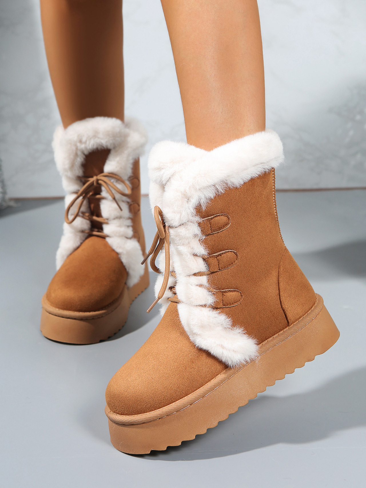 Damen Schneestiefel Mit Lammfellfutter Und Dicker Plateausohle_voghion.com