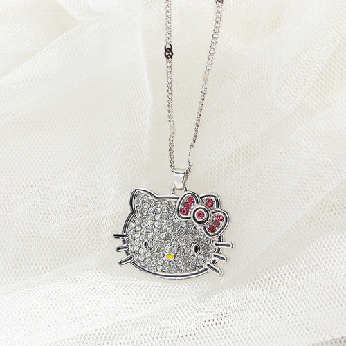 European and American style Hello kitty full diamond bow cute fashion geometric kitten crystal pendant clavicle chain for women