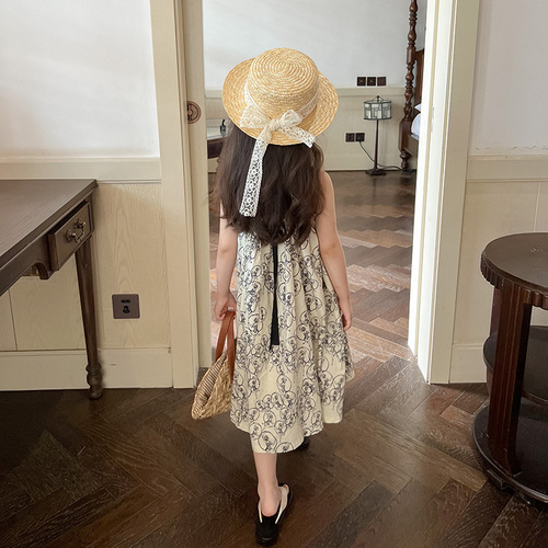 Emoobeibei Children's Summer Vacation Wind Dress for Girls and Babies, Stylish Full Print with Large Skirt Straps Beach Dress