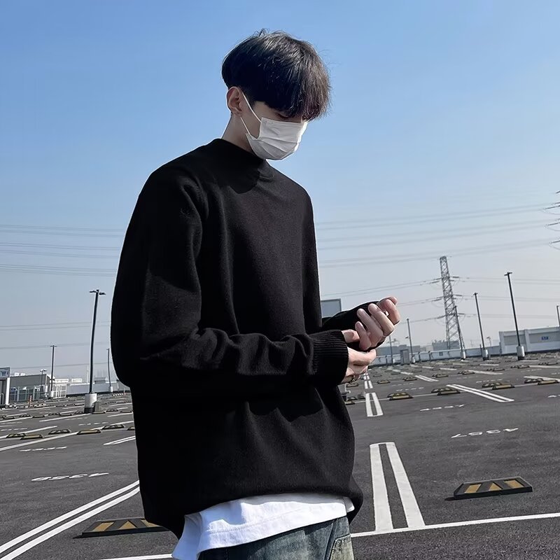 Winter New Style Inner Knitwear Round Neck Bottoming Knitwear Korean Style Simple Mid-Collar Knitwear Men's Velvet Warm Sweatshirt