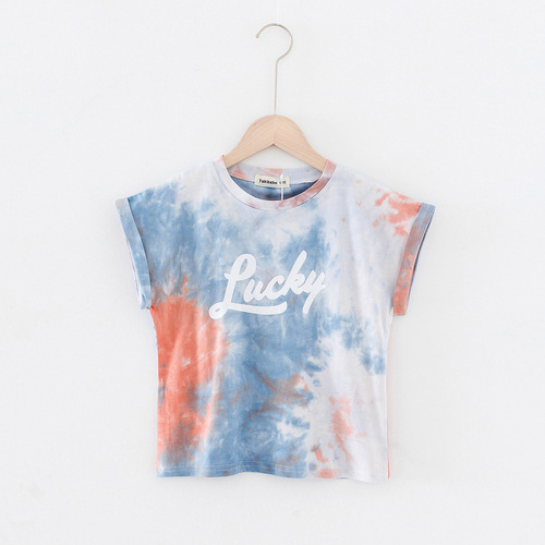 2024 summer style short-sleeved parent-child T-shirt with western style Korean style tie-dye printed loose top cross-border shipping