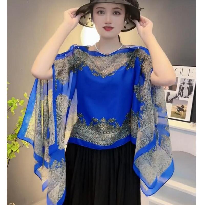 Women's shawl spring and summer loose chiffon waistcoat beaded pearl buckle sun protection thin printed large shawl for dual use Women's shawl spring and summer loose chiffon waistcoat beaded pearl buckle sun protection thin printed large shawl for dual use
