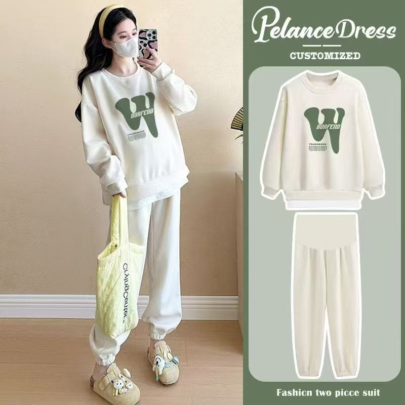 Maternity Autumn Outfit 2026 New Fashion Top Sweatshirt Sweatpants Prenatal Check-Up Complete Set Outfit Autumn and Winter Fleece-Lined
