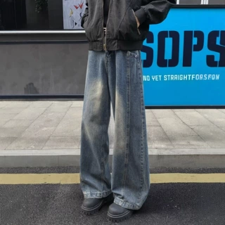 复古蓝美式弯刀牛仔裤男夏季高街vibe水洗阔腿裤子休闲微喇直筒裤