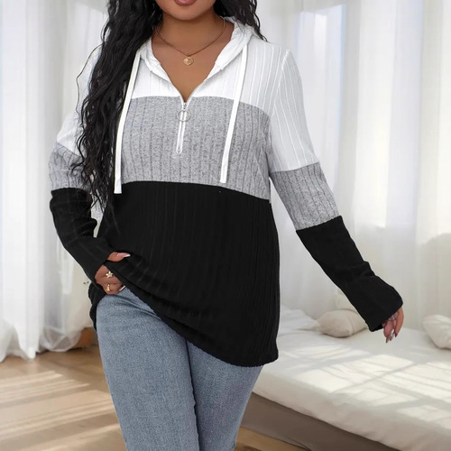 2025 European and American Women's Fashion Striped Half-Zip Drawstring Oversized Hooded Sweatshirt Outerwear