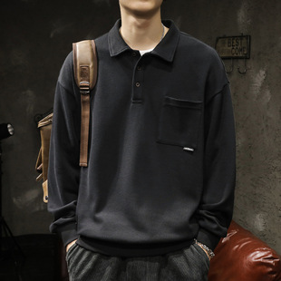 American polo shirt long-sleeved men's sweatshirt heavy trend brand large size autumn and spring new men's lapel top jacket