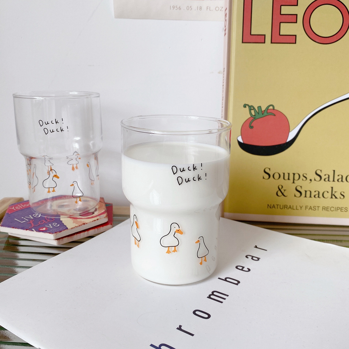 可爱加油鸭耐热玻璃杯早餐牛奶杯子卡通水杯果汁杯透明创意可叠放