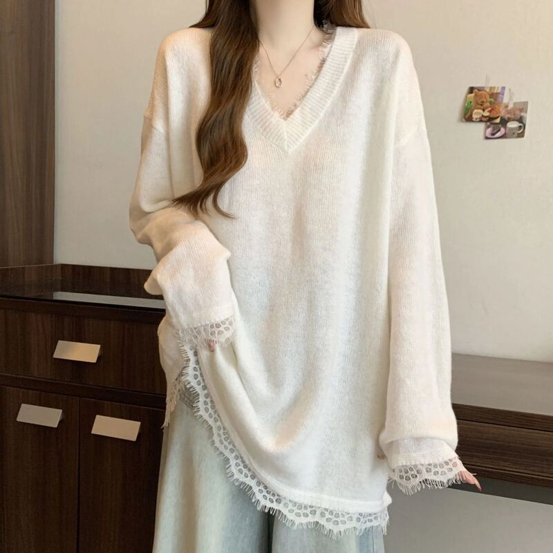 French Lace Collar New Shirt White Sweater Women's Autumn Large Size New Mid-Length Bottoming Shirt Top