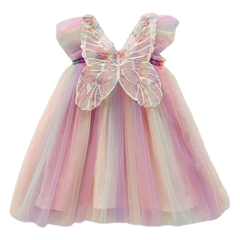 Vestido de malla con alas de arcoíris de Amazon transfronterizo para niñas, vestido de princesa de bebé con manga voladora de verano 2025, falda abombada