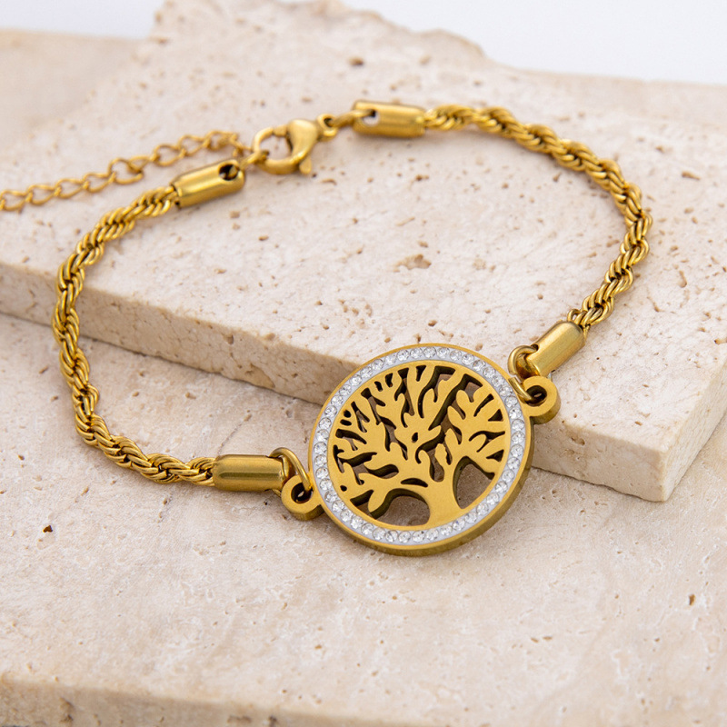 时尚复古镶钻镂空不锈钢手链生命树高级感不掉色钛钢夏季女饰品
