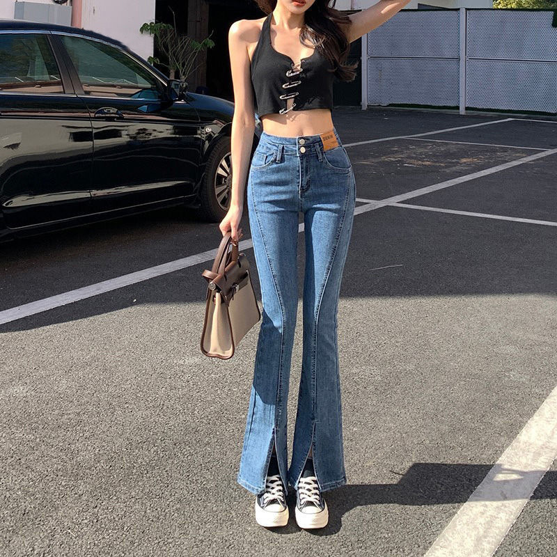 Micro Horn Jeans Women's New Korean Style Retro High Waist Elastic Slim-Fit Split Straight Tube Draping Trendy Pants Micro Horn Jeans Women's New Korean Style Retro High Waist Elastic Slim-Fit Split Straight Tube Draping Trendy Pants