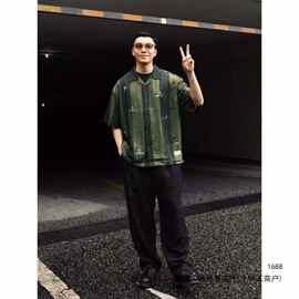 夏季美式渐变休闲男款复古水洗牛仔衬衫短袖设计衬衣宽松洋气拼色