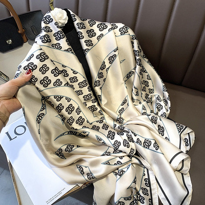 2021 new pattern Silk like Silk scarf Korean Edition Sunscreen Brocade printing scarf air conditioner Shawl