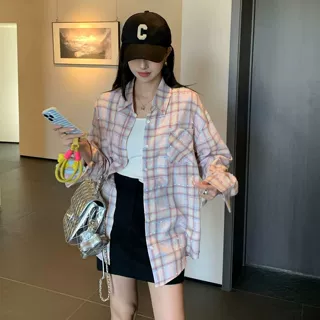韩系松弛感格子衬衫女外套夏季薄款宽松遮肉百搭长袖衬衣开衫上衣