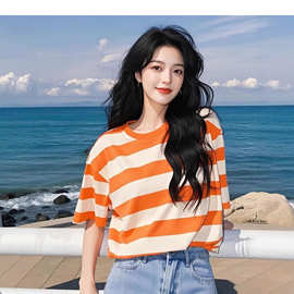 时尚橙色条纹短袖t恤女夏今年新款韩系穿搭超好看绝美休闲上衣潮