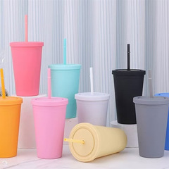 クロスボーダーキャンディーカラー大容量二層プラスチックストローカップゴムペイントコーヒーカップつや消しミルクティーカップ