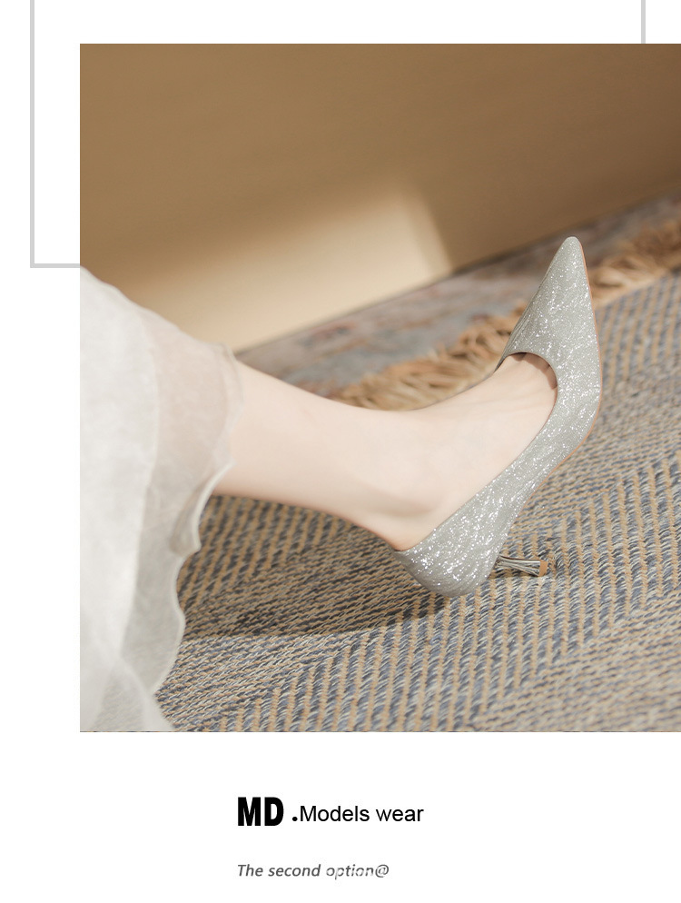 Giày cao gót mũi nhọn Jingang CG6007 gót nhọn 9 cm, đính pha lê, kiểu cô dâu mùa hè — Màu Sâm panh chi tiết 13