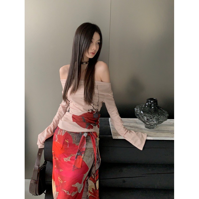 Real shot in stock swing collar off-shoulder double-layer mesh top skirt