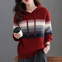奥特莱斯清仓外贸剪标尾货秋冬加厚连帽毛衣女宽松显瘦拼色针织衫