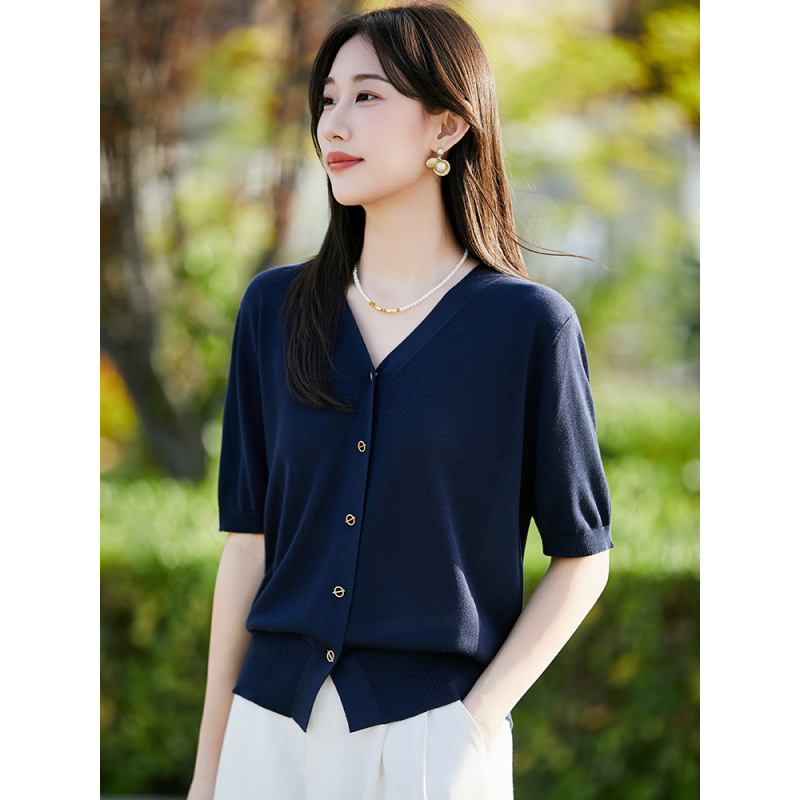 Tencel Lyocell V-Neck Single-Breasted Knitted Cardigan 2025 Summer New Style Women's Short-Sleeve Short Base Shirt