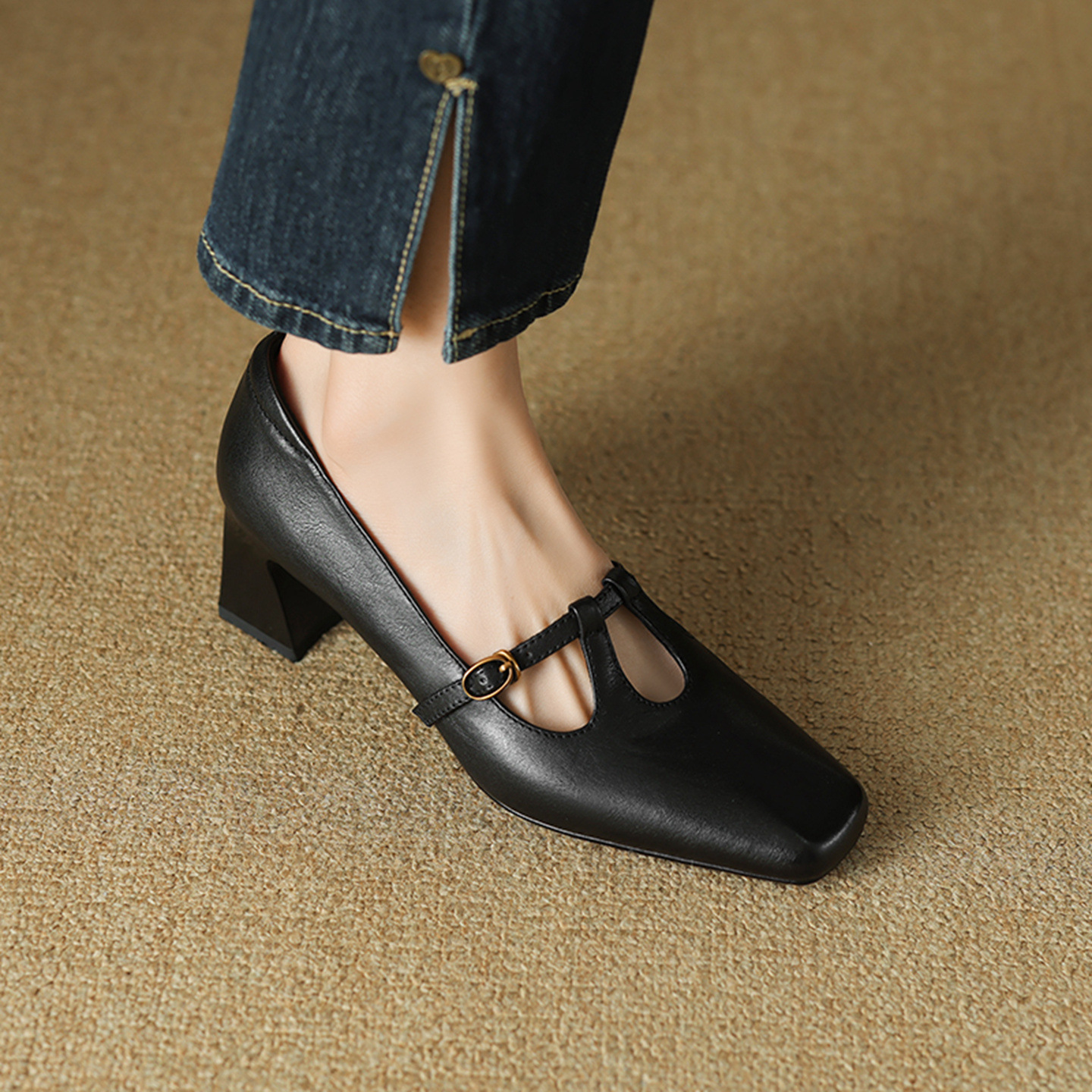Giày Mary Jane nữ quai chữ T da bò gót vuông 5.5 cm — đen
