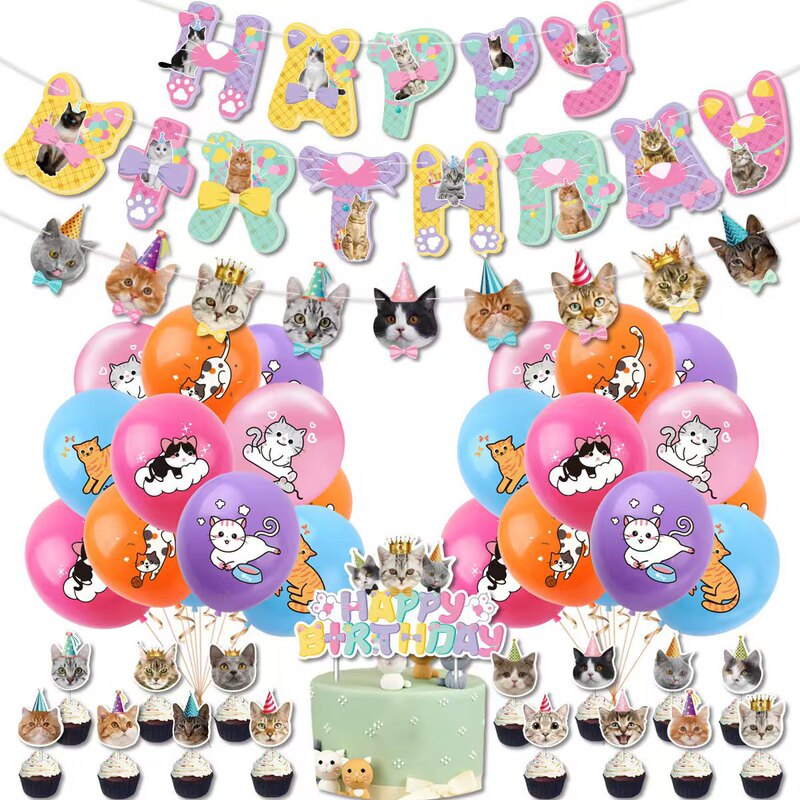 Ready-Made Pet Cat Theme Birthday Party Decoration Cat Flag Banner Cake Insert Balloon Set