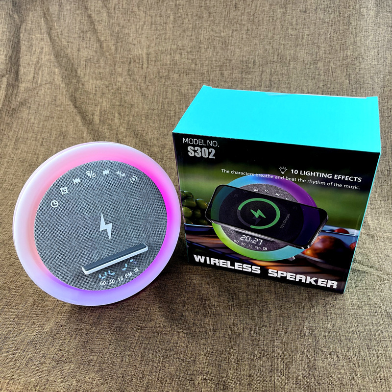 Transfronterizos nuevos altavoces Bluetooth inalámbricos redondos ruido blanco reloj de alarma temporizador tarjeta de enchufe Bluetooth pequeña lámpara de sonido s302