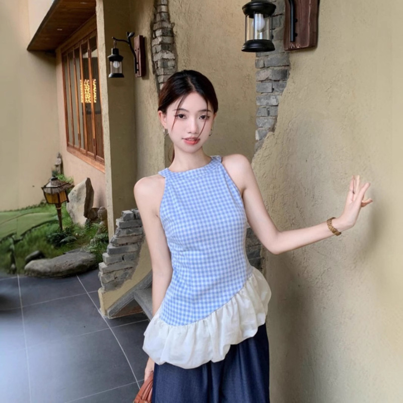 Korean Style Irregular Stitching Blue Plaid Camisole Women's Spring and Summer Outer Wear Design Sense Slim Sleeveless Top
