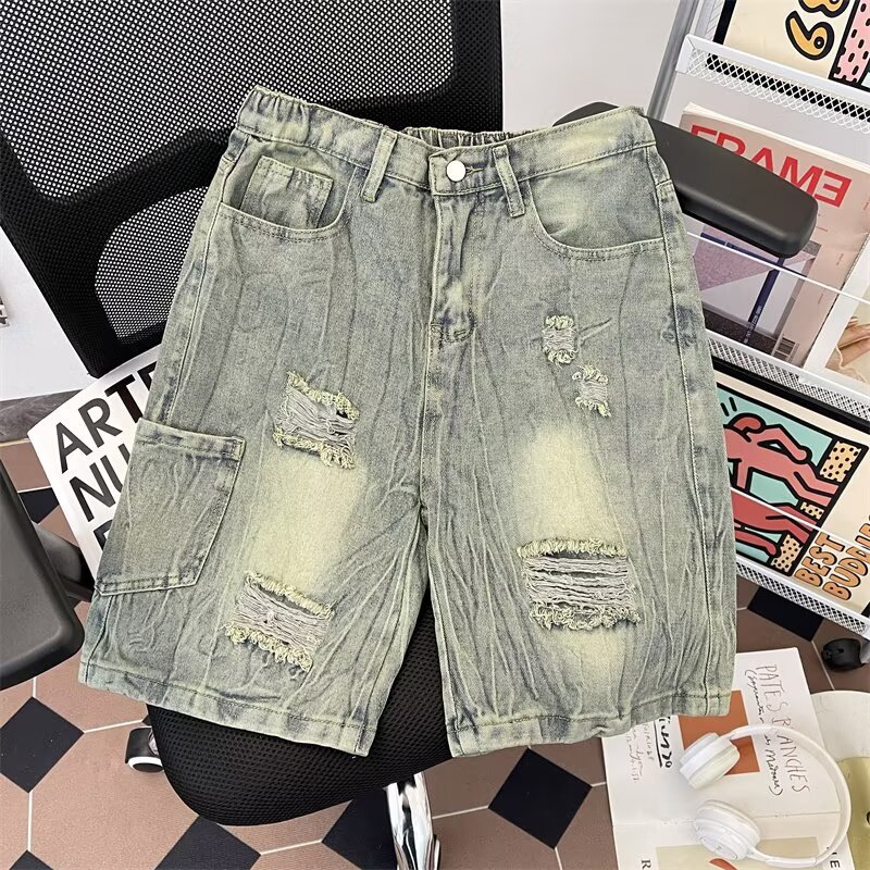 Men's Trendy Distressed Denim Shorts Summer Loose Fitting Washed Five Quarter Length Pants Street Style Trousers_mkmklike.com