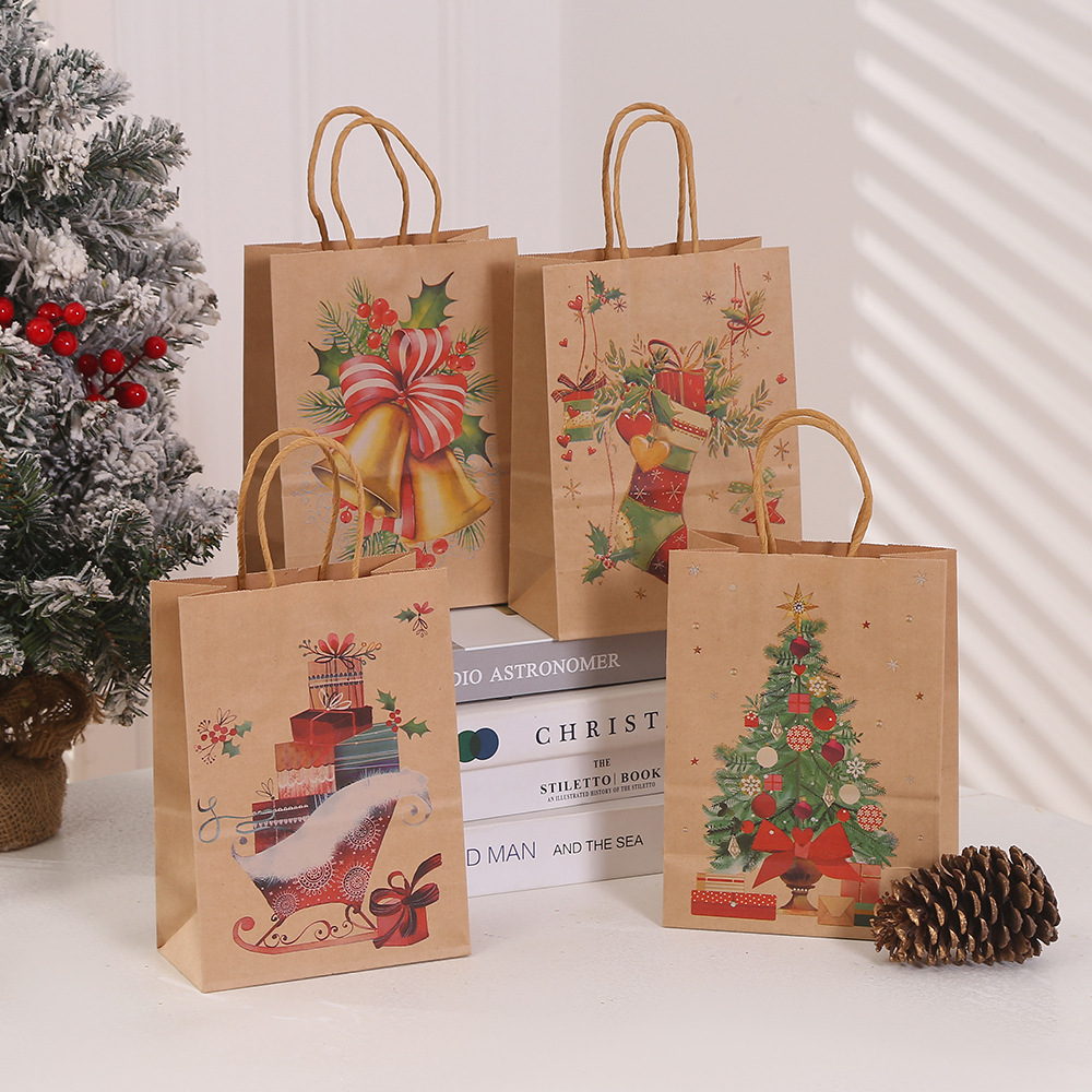 圣诞节印花手提袋简约购物外卖袋派对节日礼品包装牛皮纸袋批发