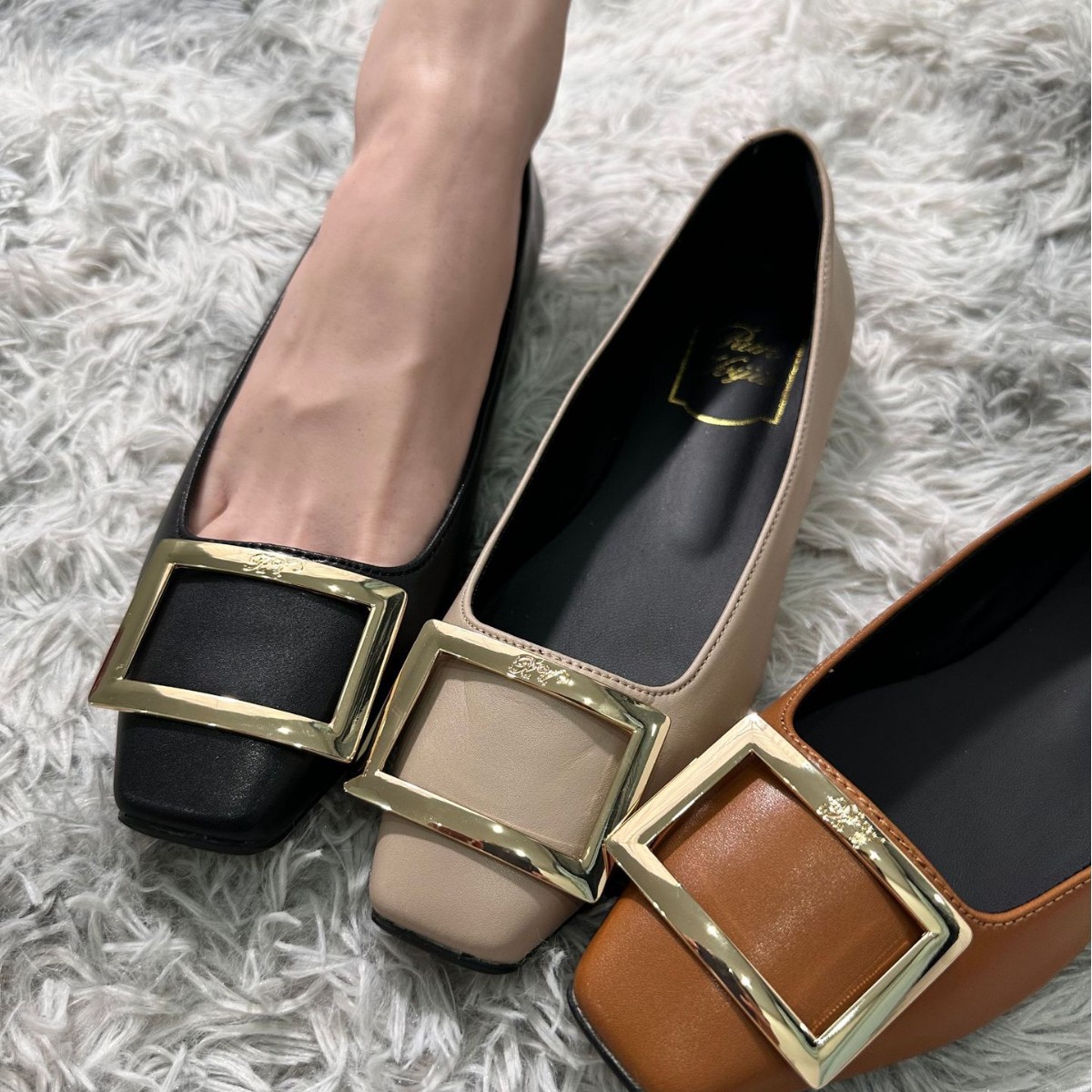 2024 Spring New Style Sheepskin Patent Leather Square Buckle Flats, Flat Heel Square Toe Shallow Mouth Women's Shoes, Commuter Flats