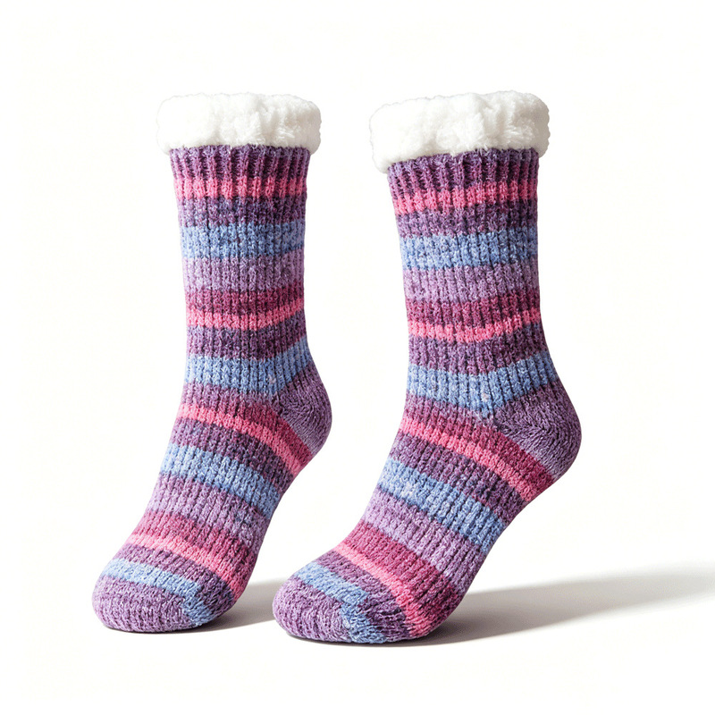 Chenille Non-Slip Floor Socks, Winter Warm and Breathable, Unisex Mid-Calf Socks, Striped Thickened Home Slipper Socks