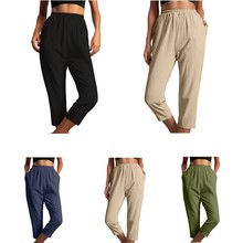 亚马逊夏季欧美女款棉麻纯色松紧腰斜插口袋设计休闲女七分裤