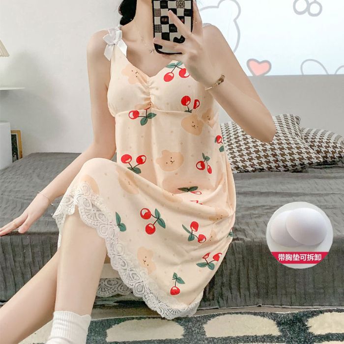 Pijamas al por mayor transfronterizos para mujer de encaje de verano con almohadilla para el pecho para mujer vestido de honda suelto simple para mujer camisón
