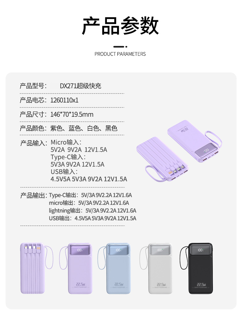 3C certified cross-border wired fast charging portable charger with customized digital display slim 10000mah mobile power bank